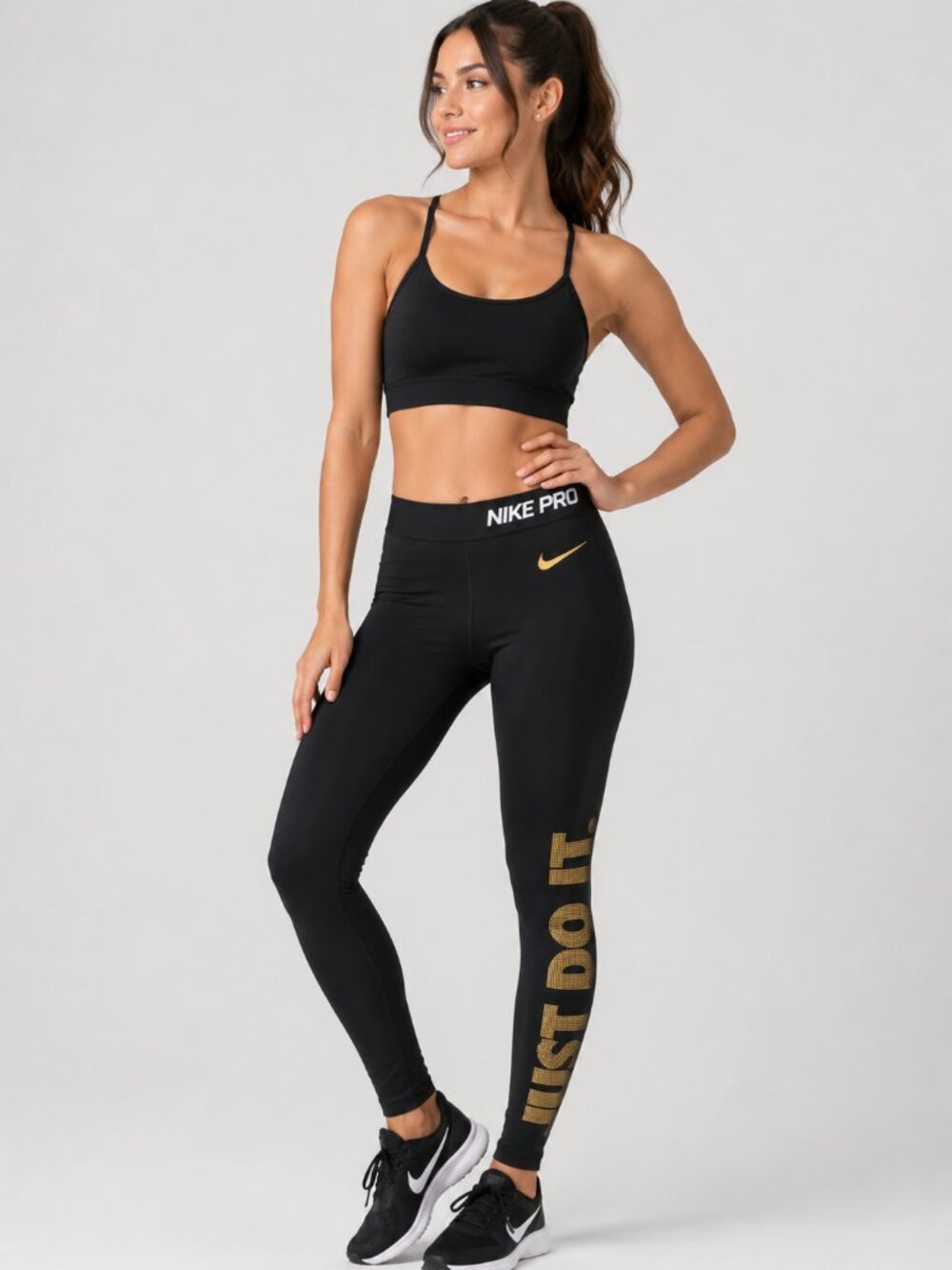 Nike Pro Dri-FIT Leggings Women Black Gold Compression Workout Pants